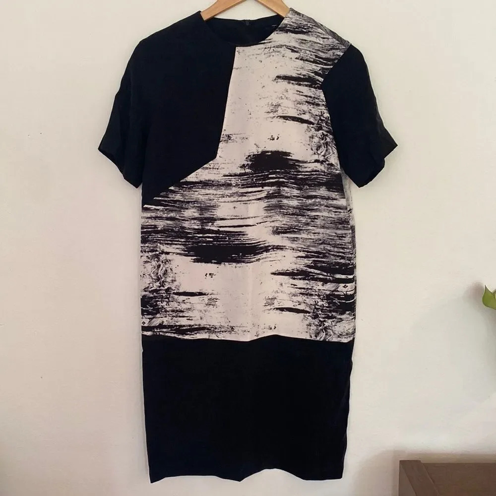 OBAKKI sz 0 silk color block black and white shirt sleeve dress gorgeous!